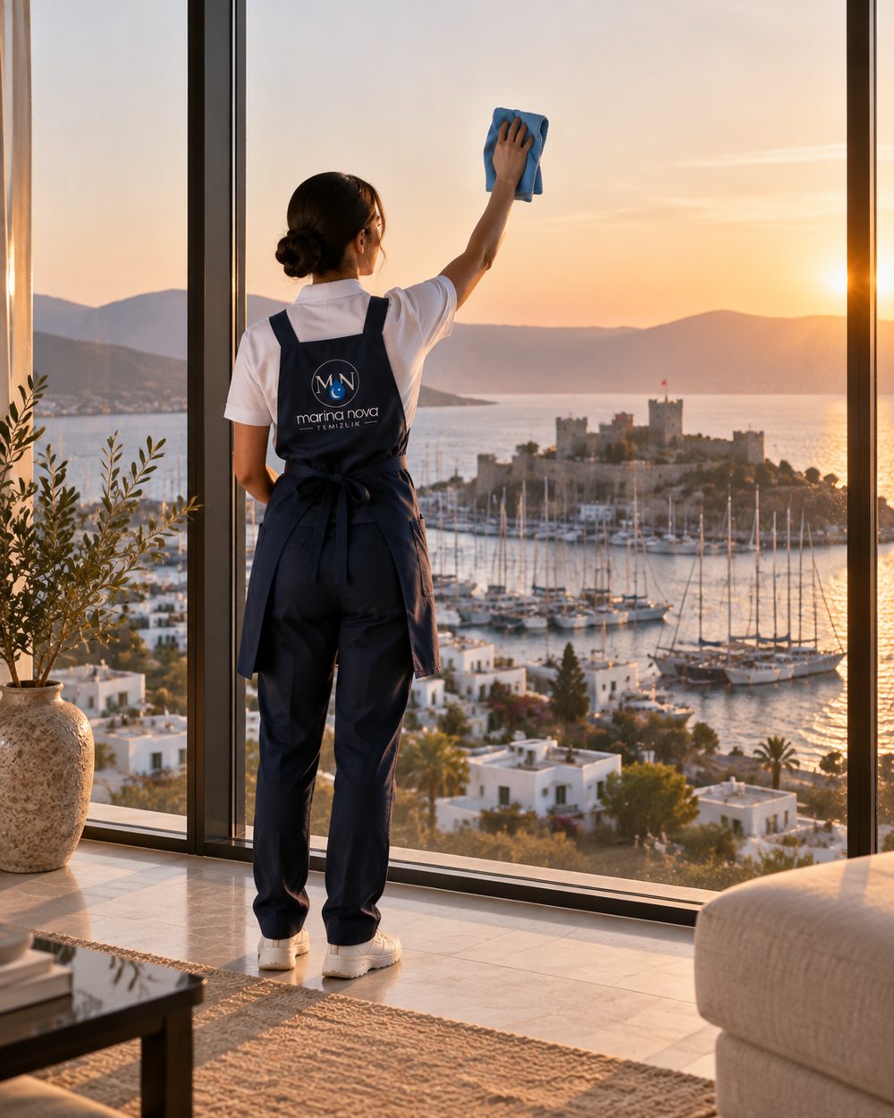 Marina Nova personeli Bodrum manzaralı camı temizliyor
